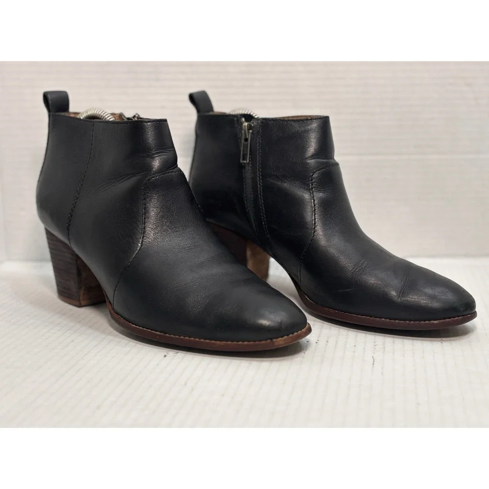 Madewell The Brenner Black Leather Ankle Boots Block Heel Side Zip Womens 9‎